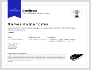 Cirugía robótica da Vinci X: nueva etapa del Dr. Marnes Molina 4 certificado entrenamiento tecnologico da vinci x marnes molina