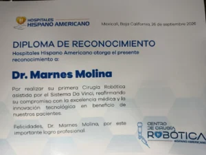 El Dr. Marnes Molina realiza sus primeras cirugías robóticas en Mexicali 3 diploma primera cirugia robotica marnes molina